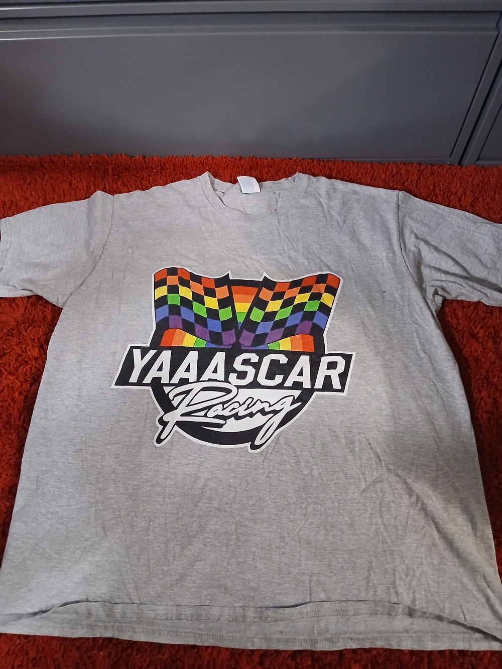 YAAASCAR Racing Graphic Tee in Gray with Rainbow Checkered Flag